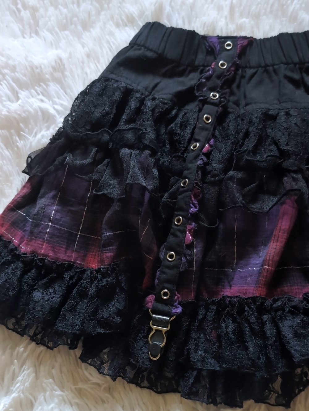 Y2K Tripp NYC Garter Strap Purple Plaid & Black Lace Gothic Mini Skirt XL - Picture 3 of 11